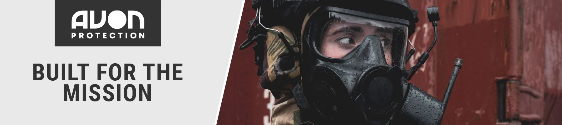 Avon Protection Logo - Built for the mission. Police officer in respiratory mask.