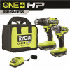 Ryobi One+ Hp 18V Brushless Cordless 1/2 In. Drill/Driver And Impact Driver Kit W/(2) 2.0 Ah Batteries, Charger, And Bag