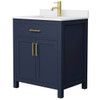 Wyndham Beckett 30" Dark Blue Single Vanity, White Marble Top, Gold Trim