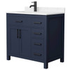 Wyndham Beckett 36" Dark Blue Single Vanity, Carrara Marble Top, Black Trim