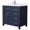 Wyndham Beckett 36" Dark Blue Single Vanity, Carrara Marble Top, Nickel Trim