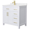 Wyndham Beckett 36" White Single Vanity, Carrara Marble Top, Gold Trim