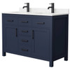 Wyndham Beckett 48" Dark Blue Double Vanity, Carrara Marble Top, Black Trim