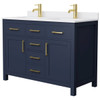 Wyndham Beckett 48" Dark Blue Double Vanity, White Marble Top, Gold Trim