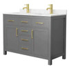 Wyndham Beckett 48" Dark Gray Double Vanity, Carrara Marble Top, Gold Trim