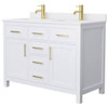Wyndham Beckett 48" White Double Vanity, White Marble Top, Gold Trim