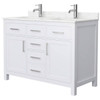 Wyndham Beckett 48" White Double Vanity, Carrara Marble Top, Nickel Trim