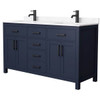 Wyndham Beckett 60" Dark Blue Double Vanity, Carrara Marble Top, Black Trim