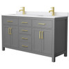 Wyndham Beckett 60" Dark Gray Double Vanity, White Marble Top, Gold Trim