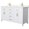 Wyndham Beckett 60" White Double Vanity, Carrara Marble Top, Gold Trim