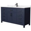 Wyndham Beckett 60" Dark Blue Single Vanity, Carrara Marble Top, Black Trim