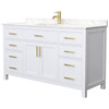 Wyndham Beckett 60" White Single Vanity, Carrara Marble Top, Gold Trim