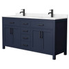 Wyndham Beckett 66" Dark Blue Double Vanity, Carrara Marble Top, Black Trim