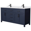 Wyndham Beckett 66" Dark Blue Double Vanity, White Marble Top, Black Trim