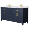 Wyndham Beckett 66" Dark Blue Double Vanity, White Marble Top