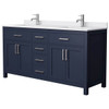 Wyndham Beckett 66" Dark Blue Double Vanity, White Marble Top, Nickel Trim