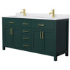 Wyndham Beckett 66" Green Double Vanity, White Marble Top, Gold Trim