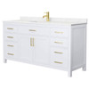 Wyndham Beckett 66" White Single Vanity, Carrara Marble Top, Gold Trim