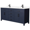 Wyndham Beckett 72" Dark Blue Double Vanity, Carrara Marble Top, Black Trim