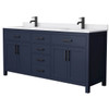 Wyndham Beckett 72" Dark Blue Double Vanity, White Marble Top, Black Trim