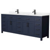 Wyndham Beckett 84" Dark Blue Double Vanity, Carrara Marble Top, Black Trim