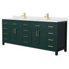 Wyndham Beckett 84" Green Double Vanity, White Marble Top, Gold Trim