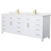 Wyndham Beckett 84" White Double Vanity, Carrara Marble Top, Gold Trim