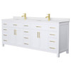 Wyndham Beckett 84" White Double Vanity, White Marble Top, Gold Trim
