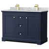 Wyndham Avery 48" Dark Blue Double Vanity, Carrara Marble Top, Square Sinks