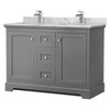 Wyndham Avery 48" Dark Gray Double Vanity, Carrara Marble Top, Square Sinks