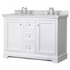 Wyndham Avery 48" White Double Vanity, Carrara Marble Top, Oval Sinks
