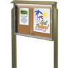Enclosed Sliding Door Corkboard, Lighted Post Mount, Weathered Wood, 45" X 3'6"