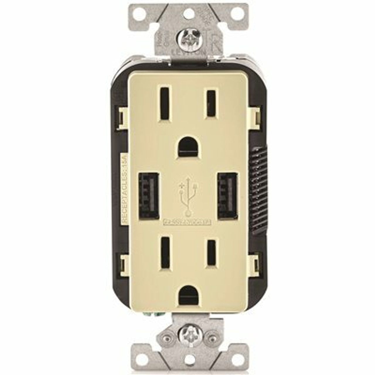 Leviton 3.6A Usb Dual Type A In-Wall Charger With Duplex 15 Amp Tamper-Resistant Outlet, Ivory