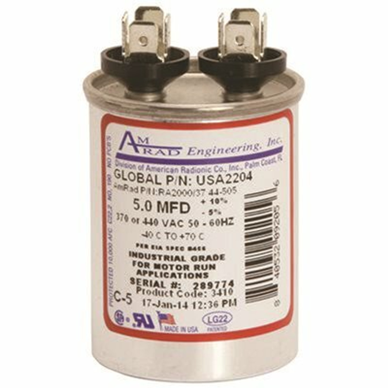 Amrad Engineering Round Usa Made Motor Run Capacitor 5 Mfd, 370/440 Vac