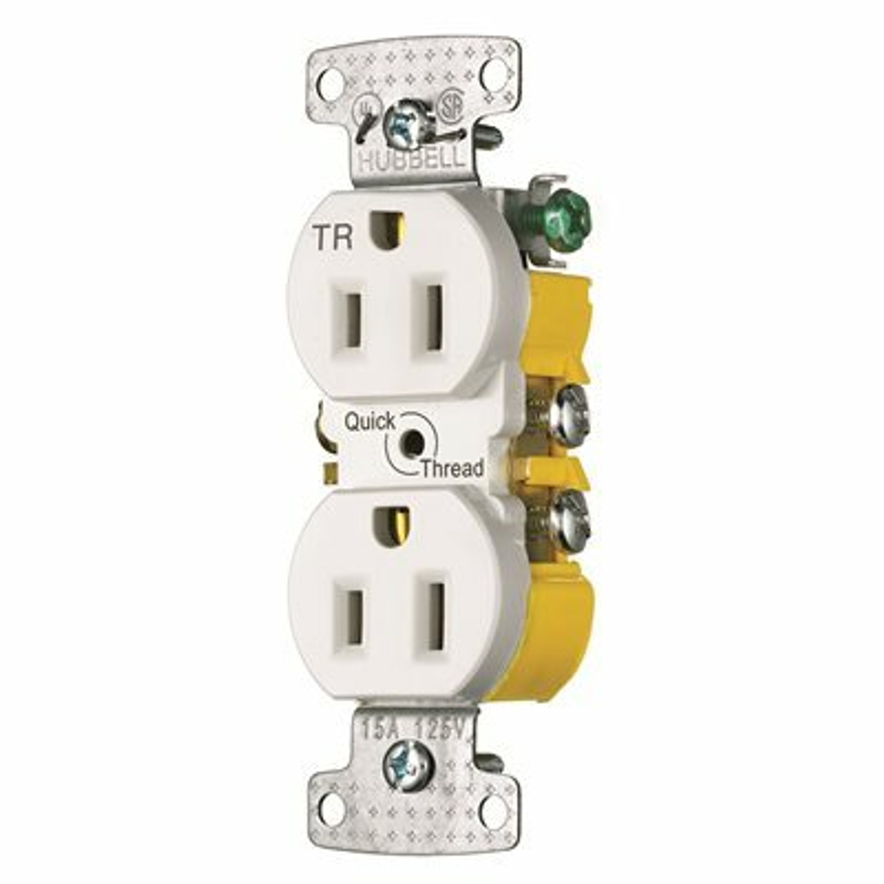 Hubbell Wiring 15 Amp Self Ground And Tamper Quik Trh Duplex Receptacle, White