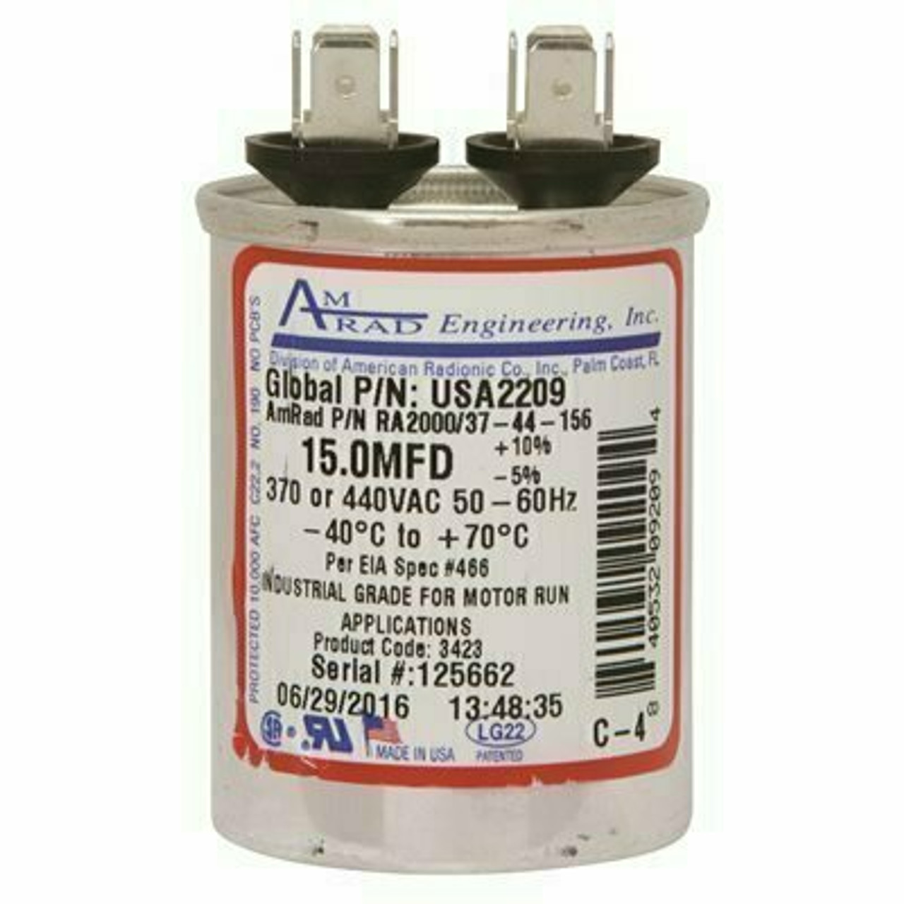 Amrad Engineering Round Usa-Made Motor Run Capacitor, 15 Mfd, 370/440 Vac