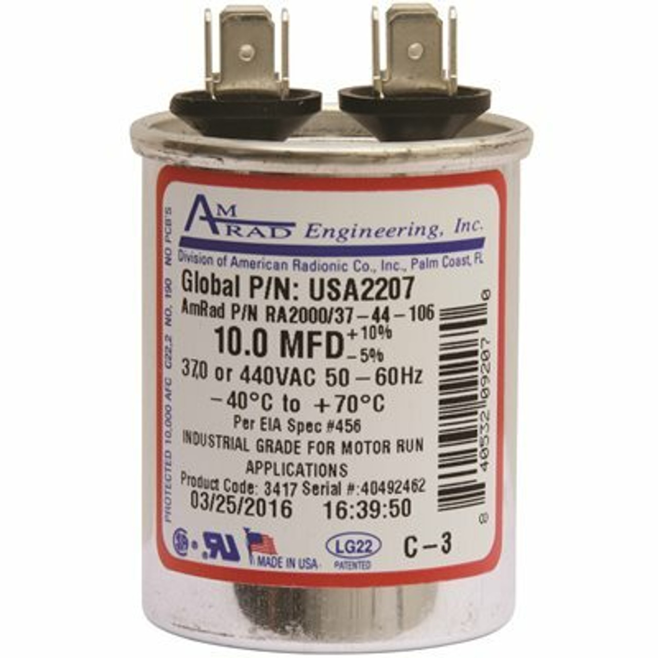 Amrad Engineering Round Usa-Made Motor Run Capacitor, 10 Mfd, 370/440 Vac