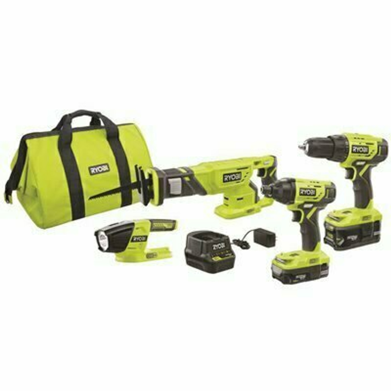 Ryobi One+ 18V Lithium-Ion Cordless 4-Tool Combo Kit With (2) Batteries, 18V Charger, And Bag