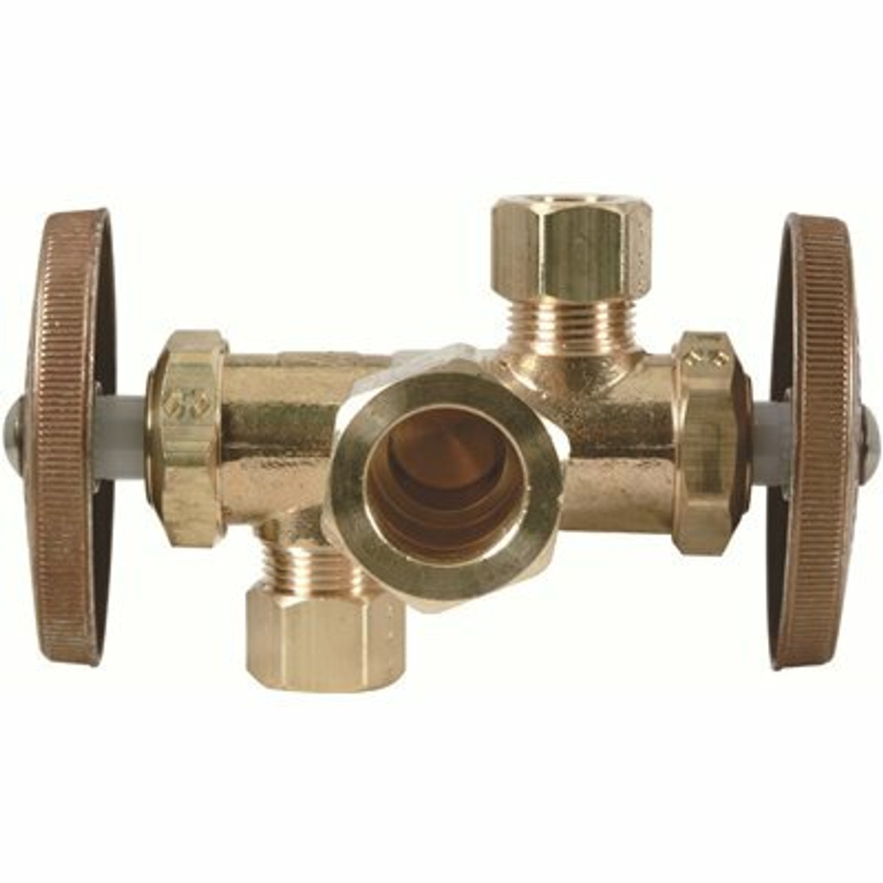 Brasscraft 1/2 In. Nom Comp Inlet X 3/8 In. O.D. Comp X 3/8 In. O.D. Comp Dual Outlet Dual Shut-Off Multi-Turn Angle Valve