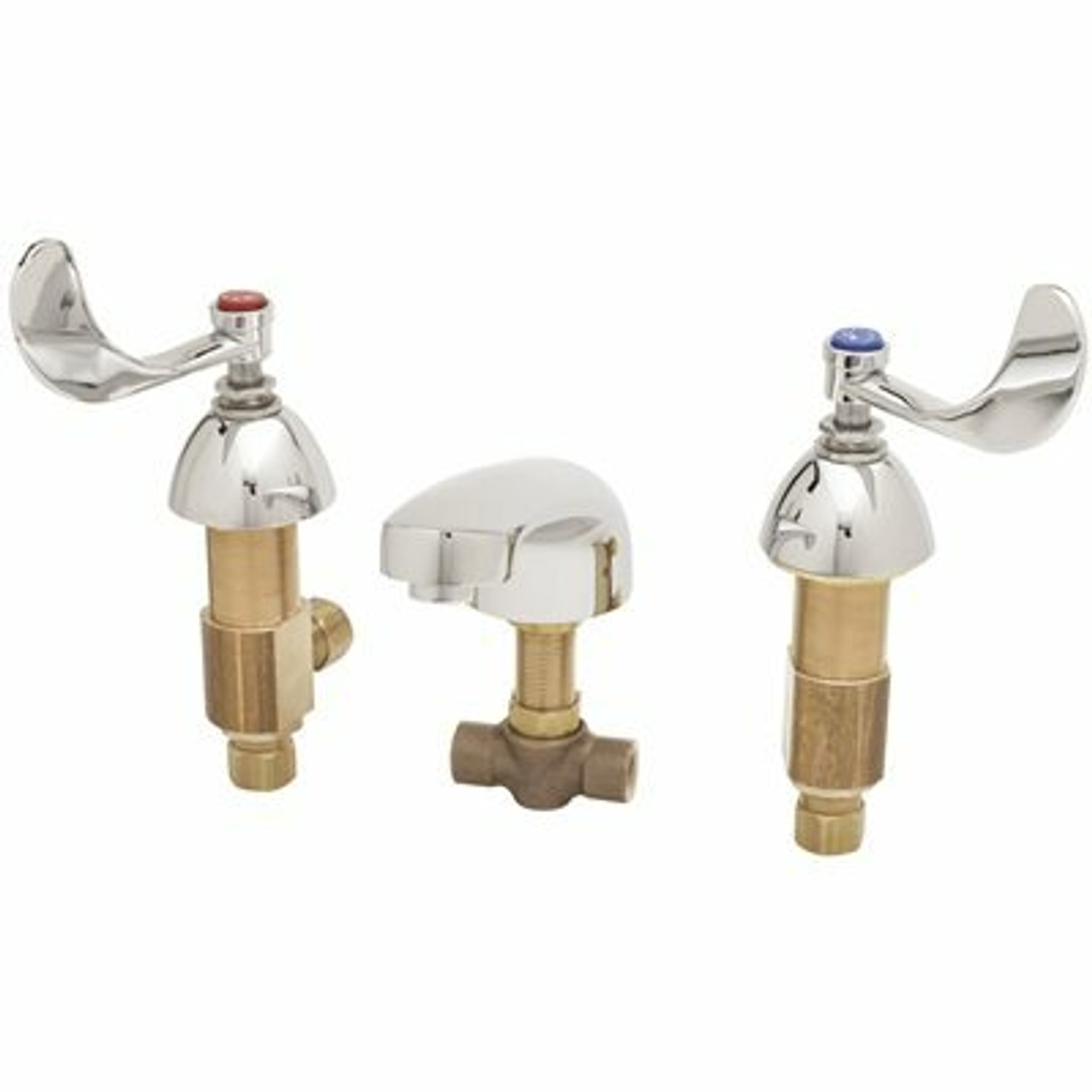 T&S Deck Mount Mixing Bathroom Faucet With 8 In. Centers, Flexible Supplies, And 4 In. Wrist Action Handles