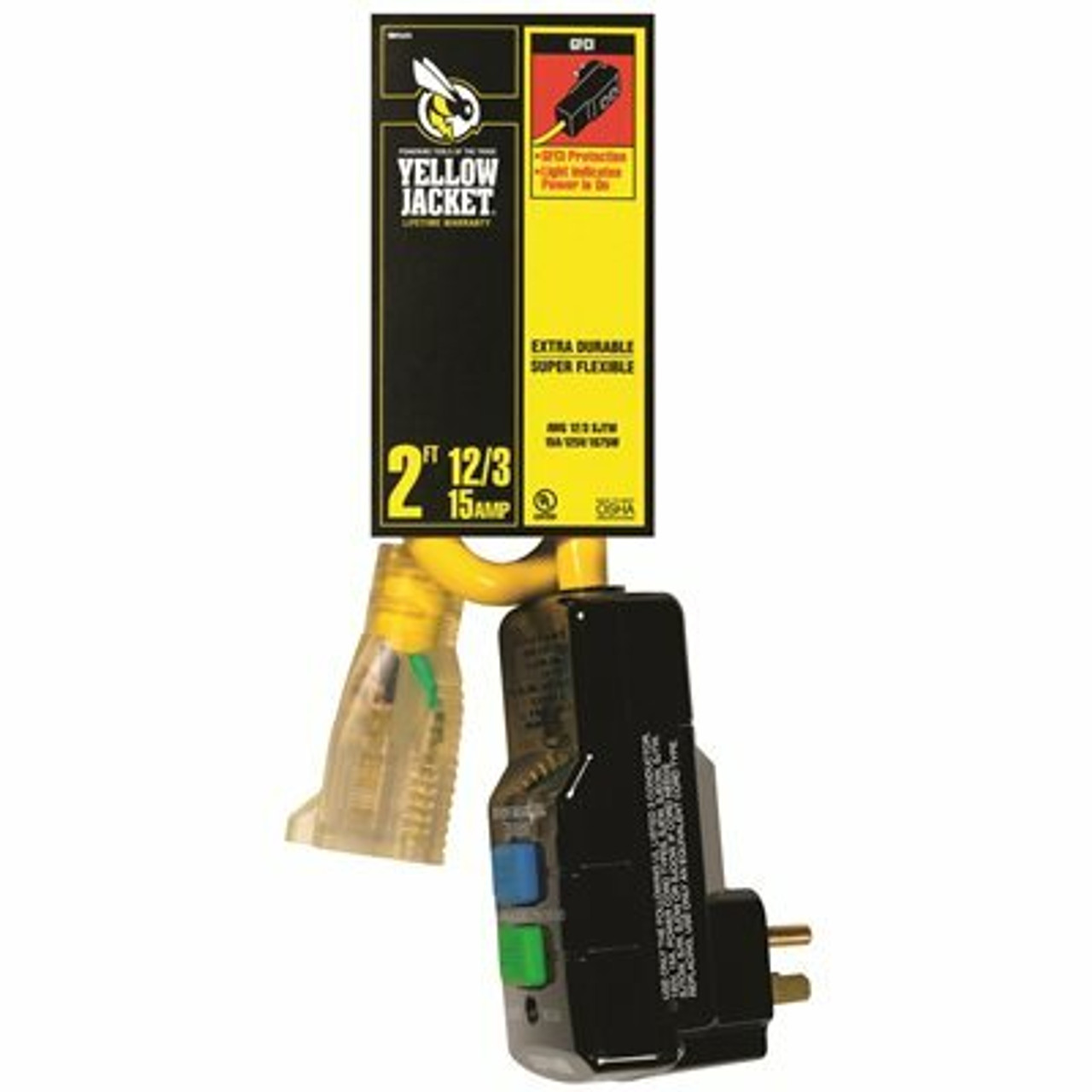 Yellow Jacket 2 Ft. 12/3 Sjtw Right Angle Gfci Heavy-Duty Extension Cord With Power Light Plug