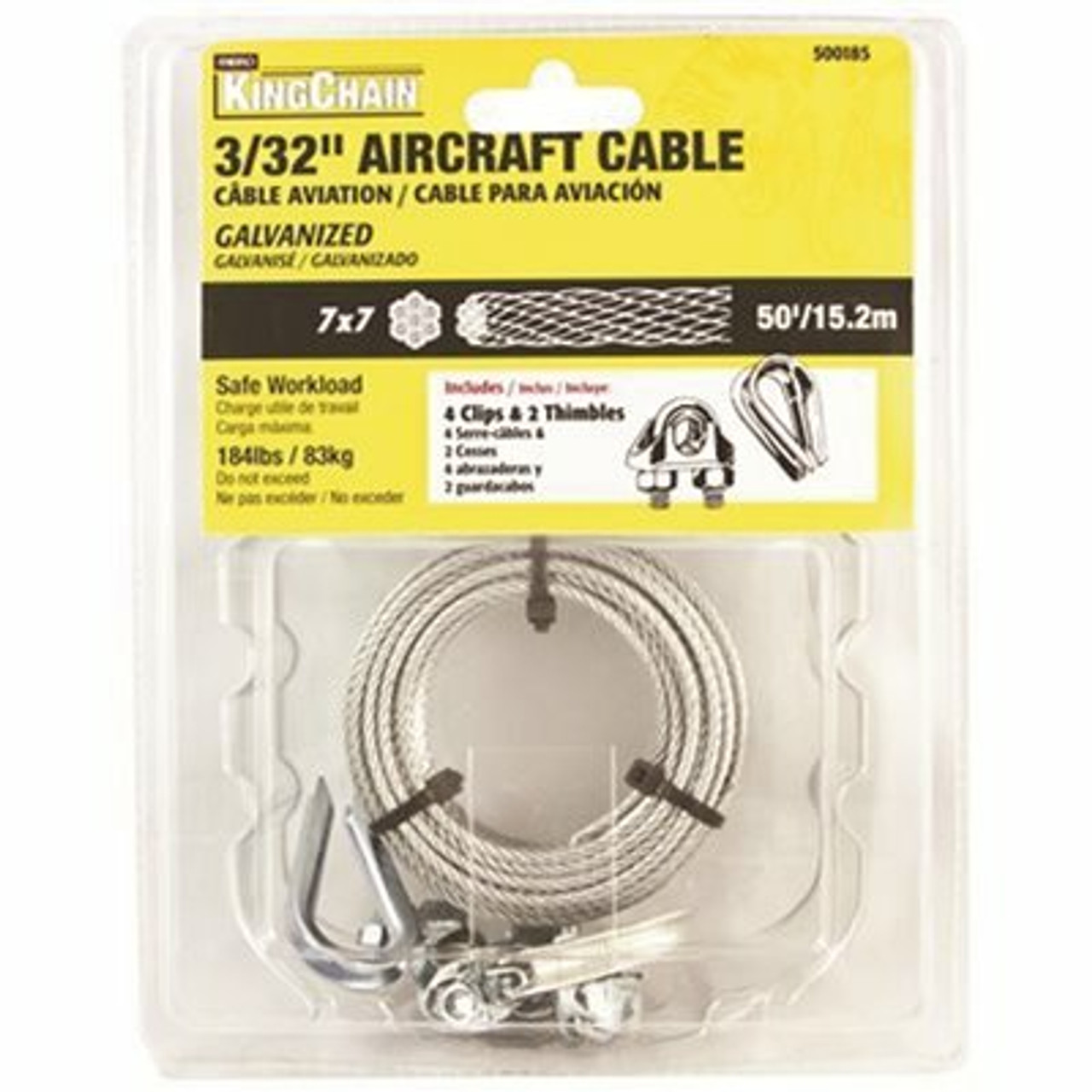 Mibro 3/32 In. X 50 Ft. 7X7 Galvanized Aircraft Cable With 4 Wire Rope Clips And 2 Thimbles Packaged