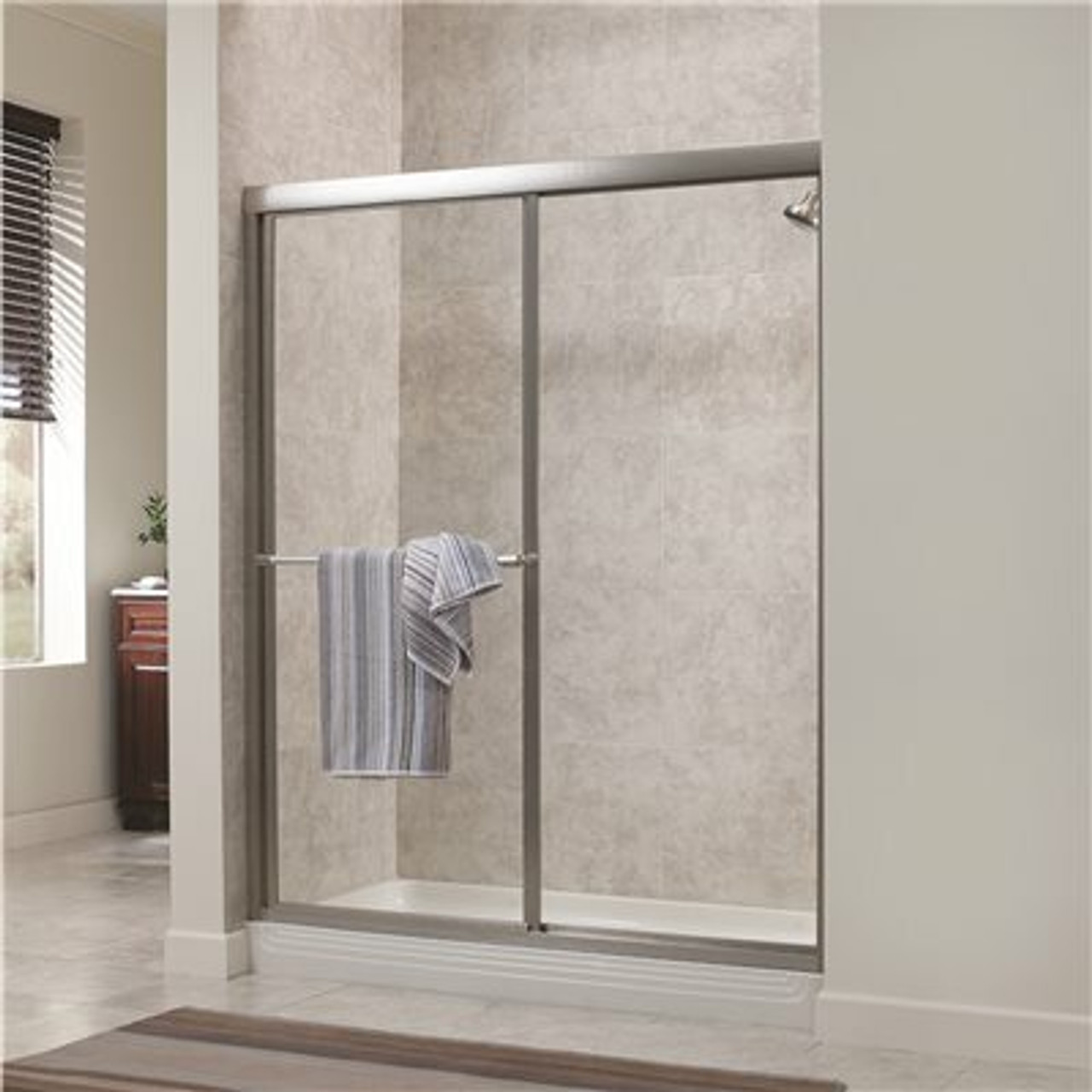 Foremost Tides 56 In. To 60 In. X 70 In. H Framed Sliding Shower Door In Brushed Nickel And Rain Glass