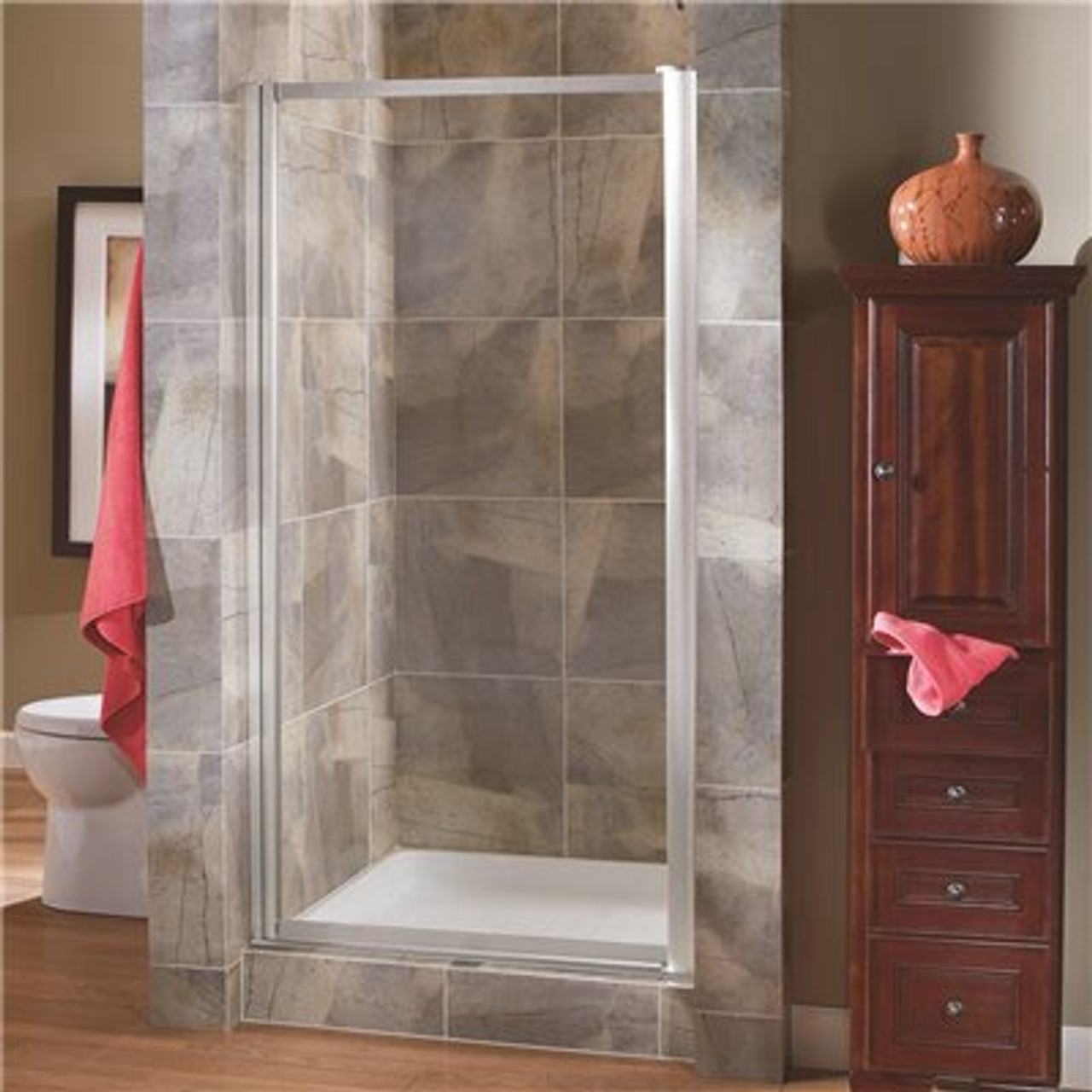 Foremost Groups Tides 23 In. To 25 In. X 65 In. Framed Pivot Shower Door In Brushed Nickel With Clear Glass