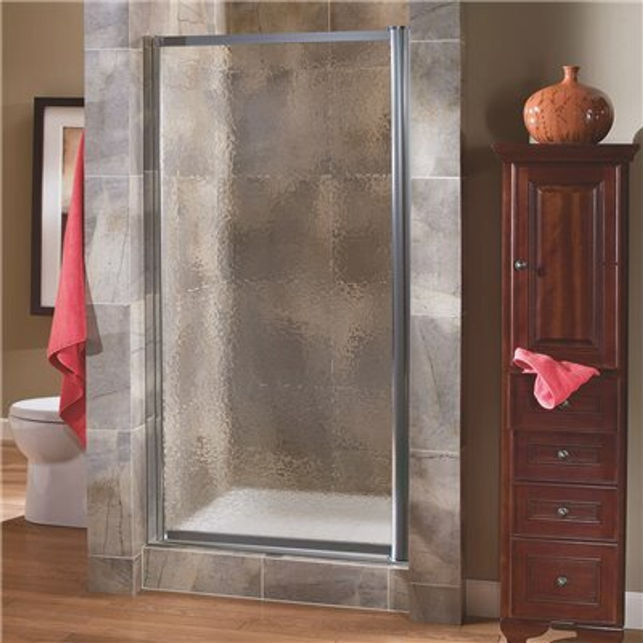 Foremost Tides 27 In. To 29 In. X 65 In. Framed Pivot Shower Door In Silver With Obscure Glass With Handle