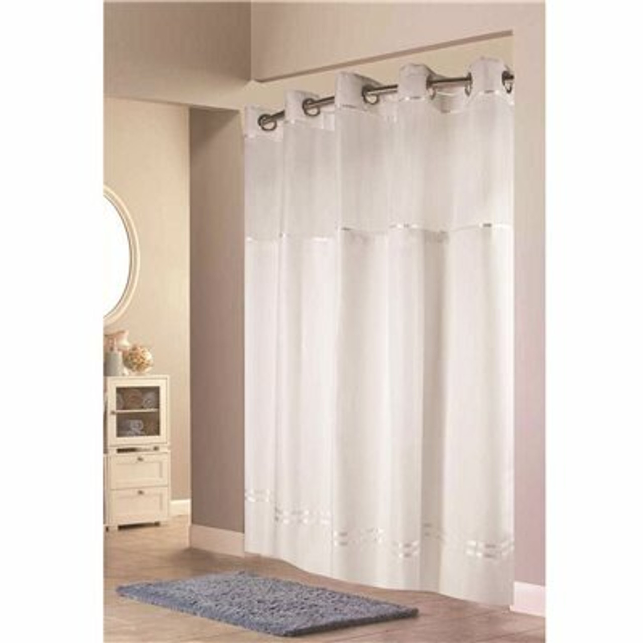 Hookless Escape 71 In. X 74 In. White With White Stripe Shower Curtain With Snap In Liner (12 Per Case)