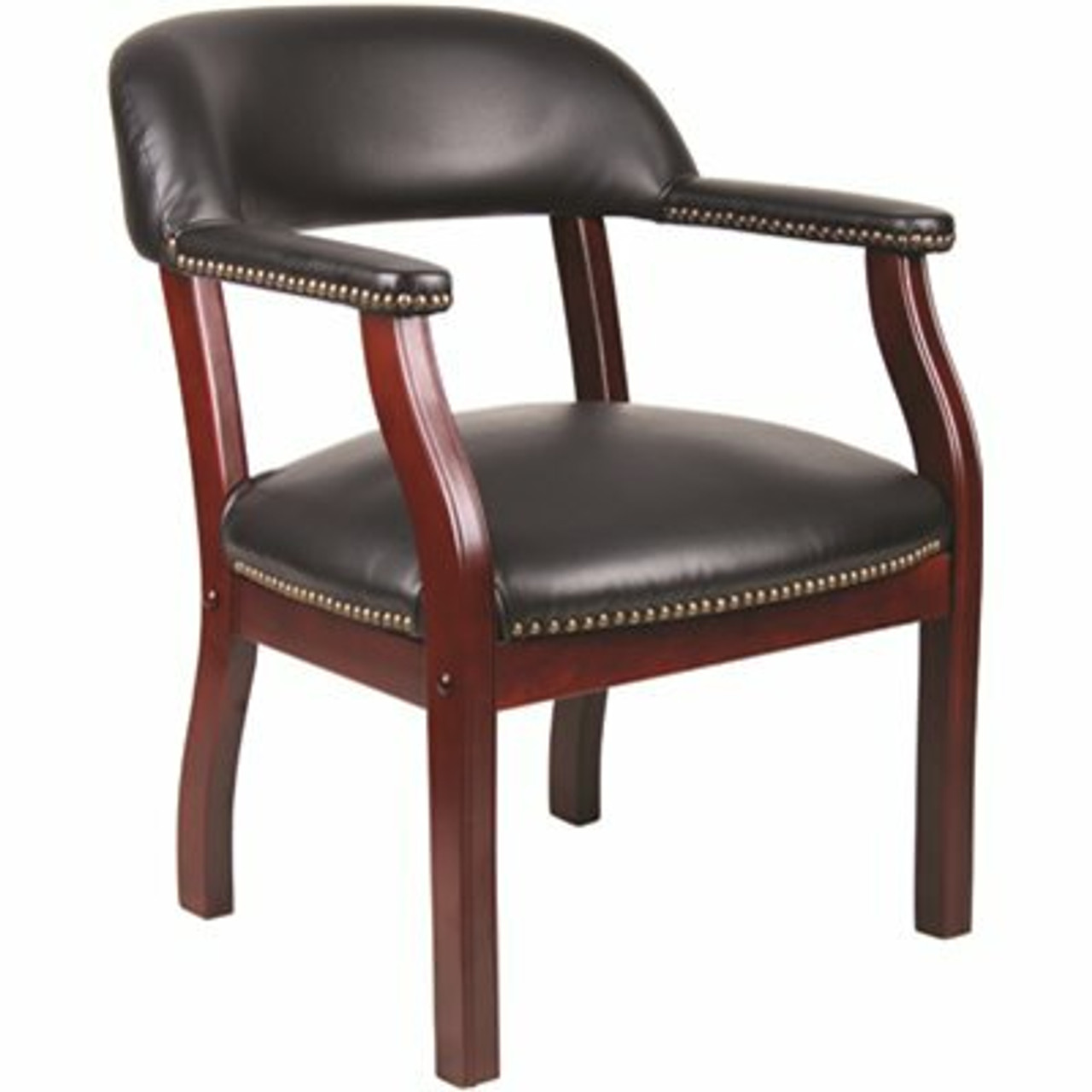 Boss Office Products Traditional Mahogany Wood Finish Captain'S Chair - Black Vinyl Cushions With Brass Nail Heads