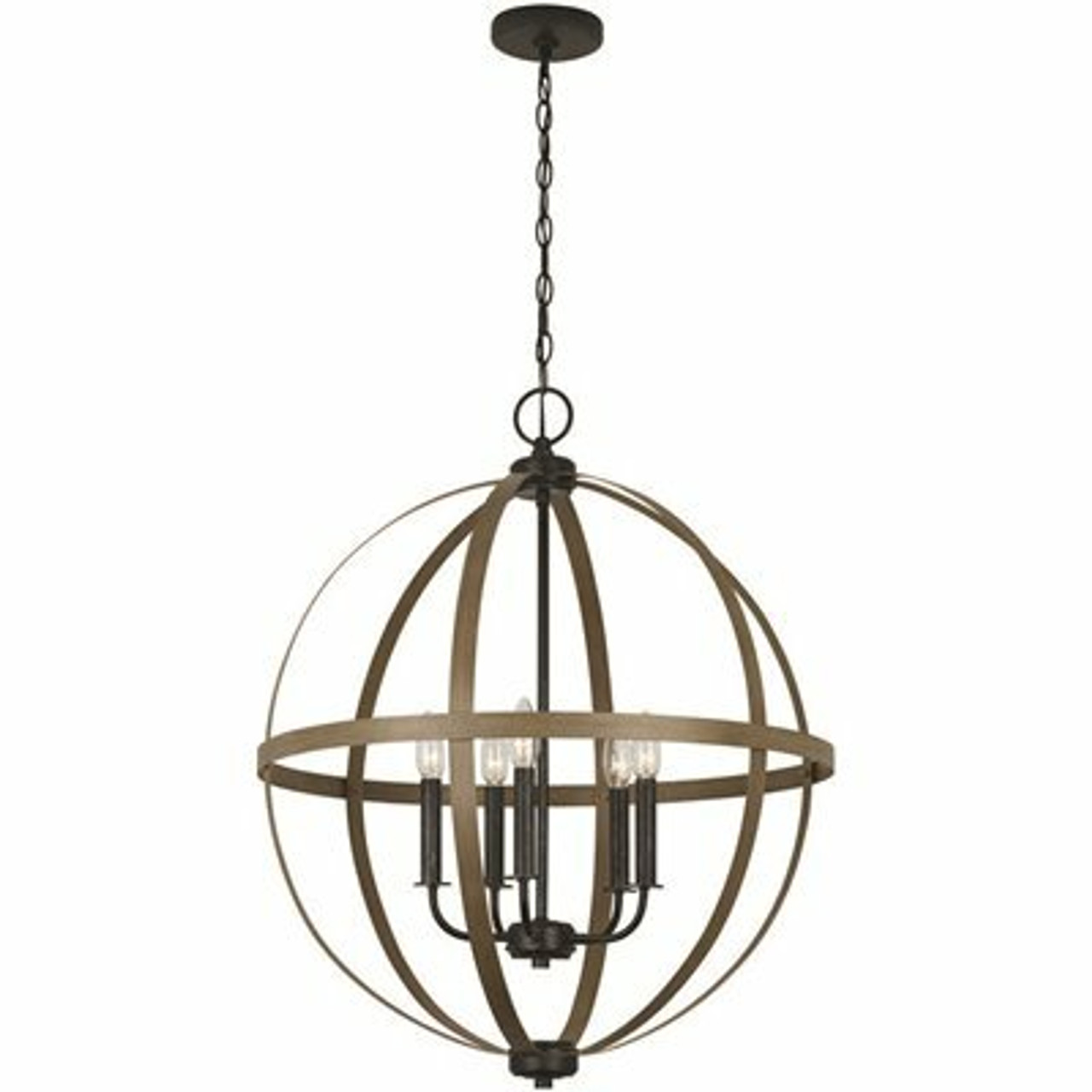 Calhoun 5-Light Weathered Gray Rustic Farmhouse Hanging Globe Candlestick Chandelier With Distressed Oak Finish Accents