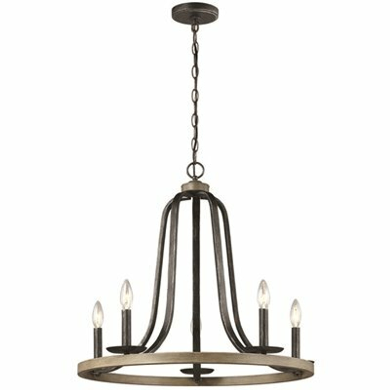 Conal 5-Light Weathered Gray Wagon Wheel Rustic Farmhouse Bell Candlestick Chandelier With Distressed Oak Finish Accents