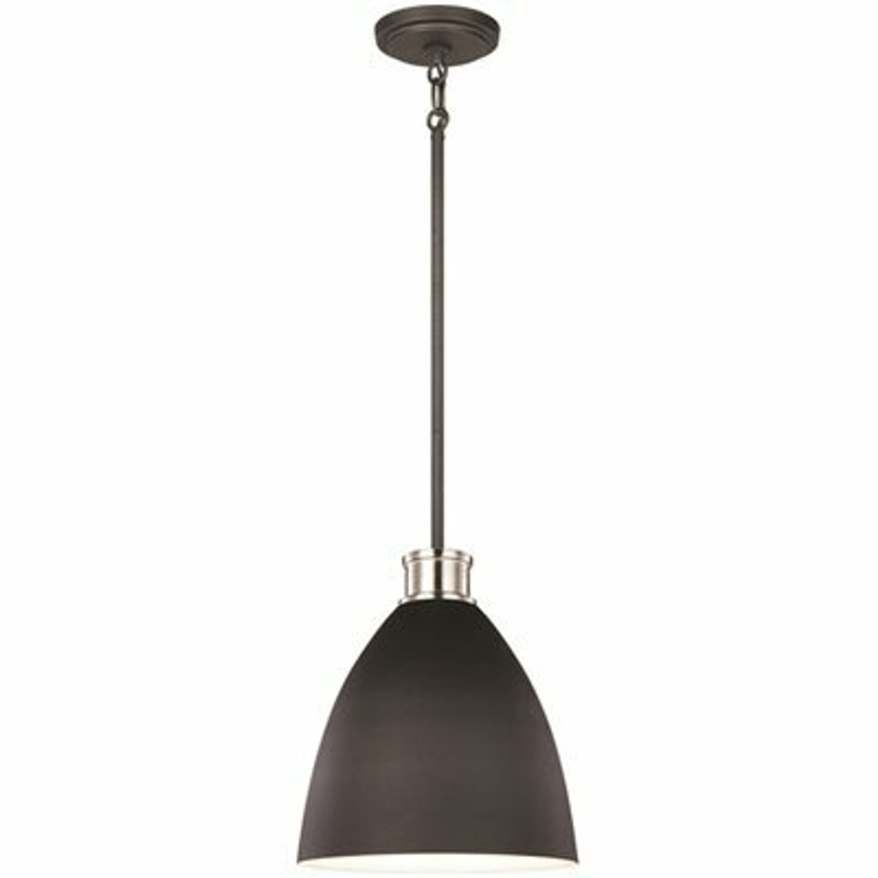 Varus 10.5 In. W 1-Light Matte Black Metal Modern Industrial Pendant With Brushed Nickel Accent And White Inner Shade